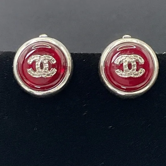 Chanel Silver and Red Gripoix Clip Earrings